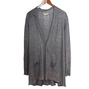 Eileen Fisher 100% Linen Gray One Snap Deep V Neck Cardigan Size XL Lagenlook